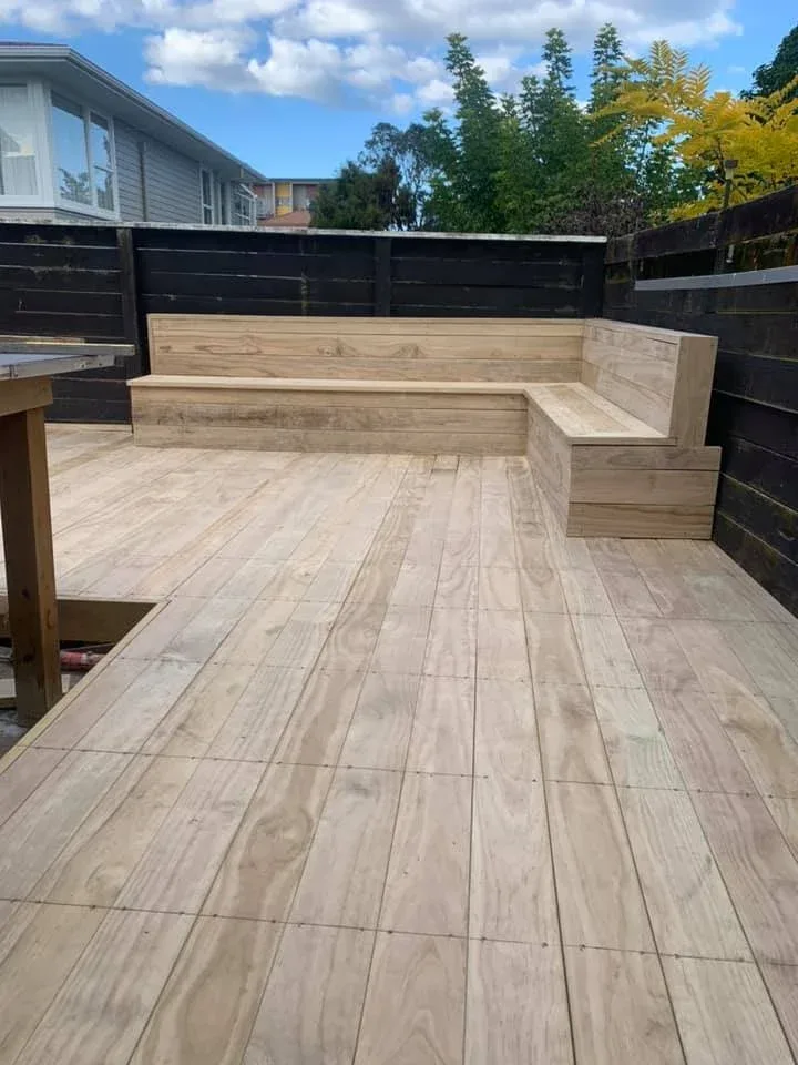 Custom timber deck with built-in seating, Auckland